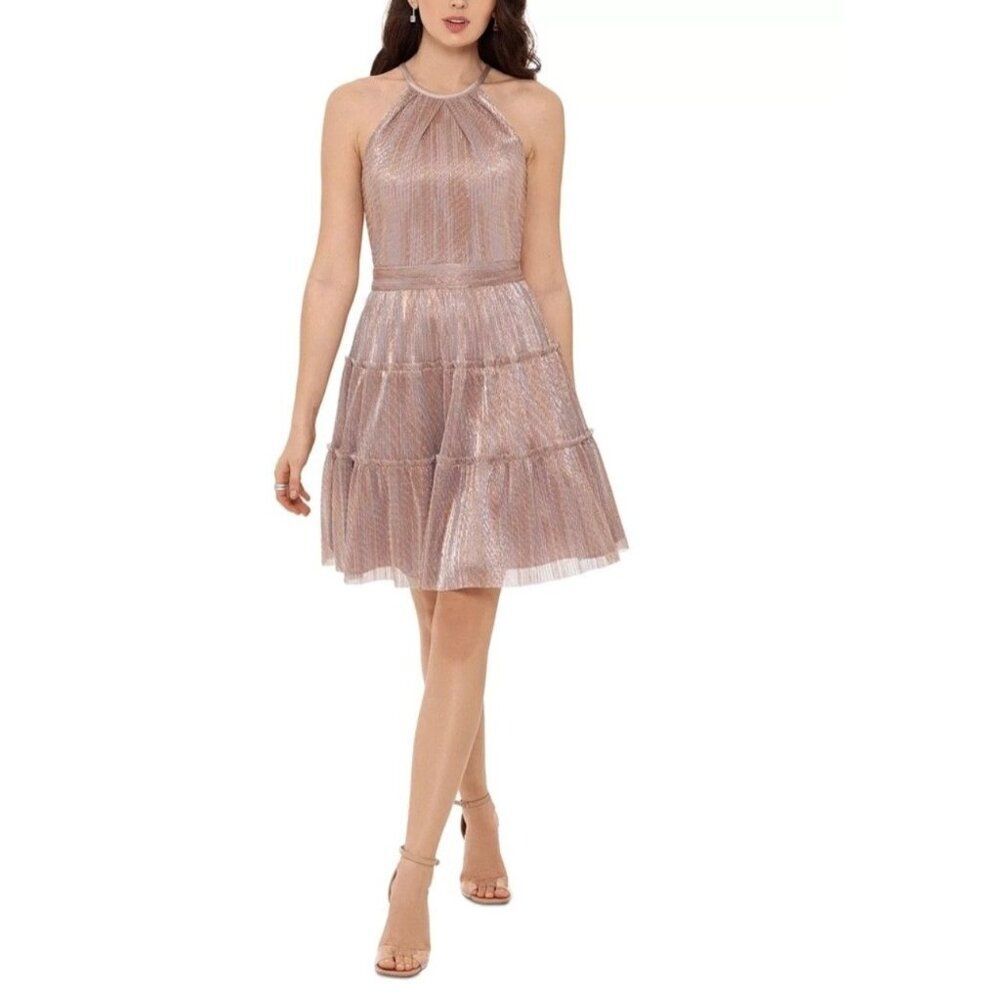 New XSCAPE Metallic Halter Neck Tiered-Skirt Cocktail Mini Dress in Mauve 8